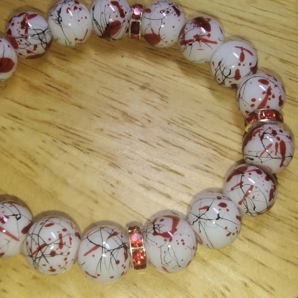 Men's White and Red Splatter Glass Beaded Bracelet